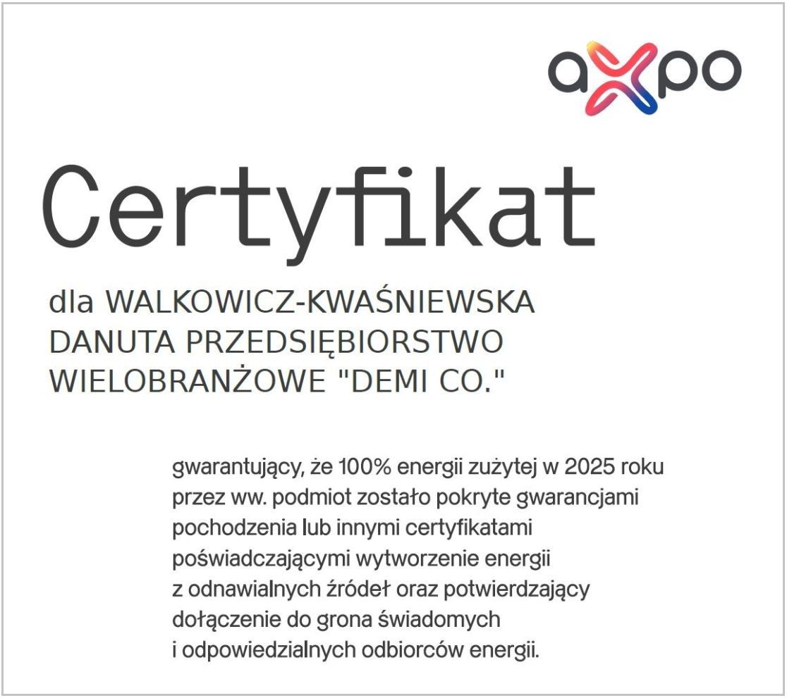 Certyfikat Zielonej Energii od Axpo dla Demi Co